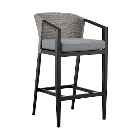 Armen Living Aileen Outdoor Patio Counter Height Bar Stool in Aluminum and Wicker with Gray Cushions 840254333185
